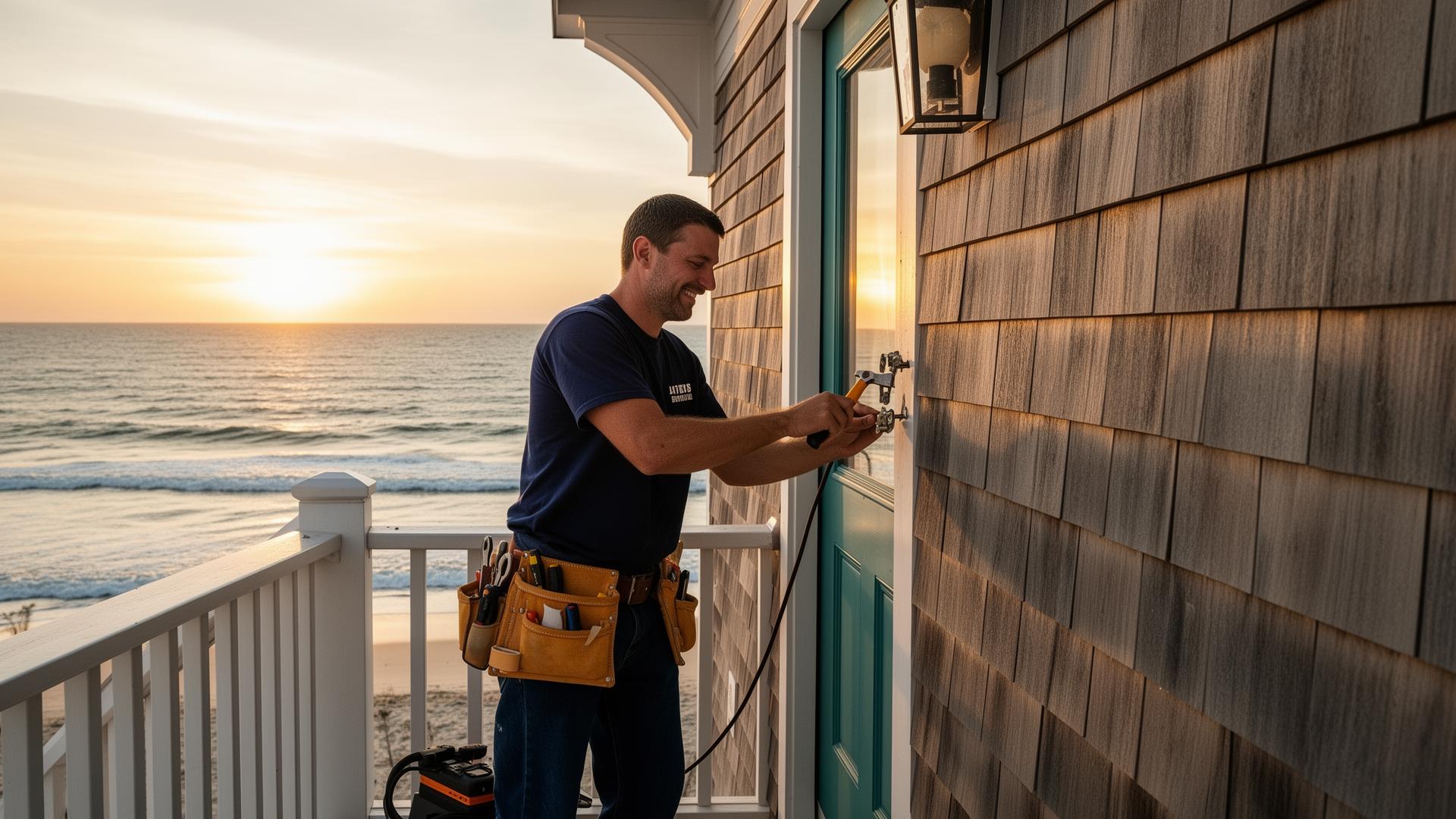 Local Delaware handyman repairing a coastal beach home porch in Lewes